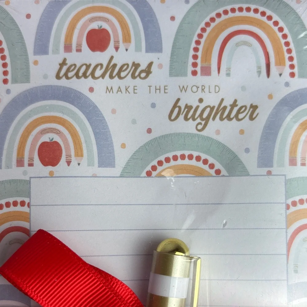 Rainbow Teacher Magnetic Notepad and Pen Set with Red Ribbon